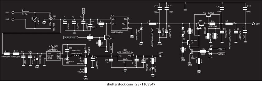 Schematic diagram of electronic device. Vector drawing electrical circuit with 
 resistor, transistor, diode, coil, 
led, power unit, integrated circuit.