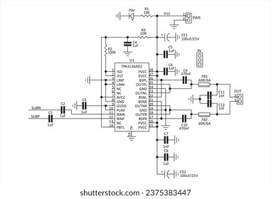 Schematic diagram of electronic device. Vector drawing electrical circuit with led, integrated circuit,
capacitor, resistor,
and electronic components. 