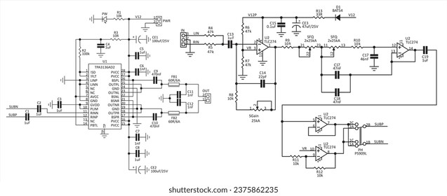 Schematic diagram of electronic device. Vector drawing electrical circuit with operational amplifier, 
led, integrated circuit, capacitor, resistor,
and other electronic components.