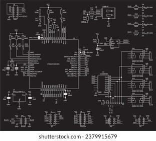 Schematic diagram of electronic device. Vector drawing electrical circuit with switching relay, micro controller, 
usb spi i2c interface, led, logic gates, integrated circuit
and electronic components
