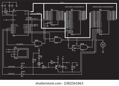 Schematic diagram of electronic device.
Vector drawing electrical circuit with microcontroller, voltmeter,
ram and eprom chips, logic elements, resistor, capacitor
and other electronic components.