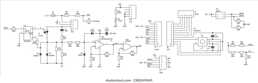 Schematic diagram of electronic device.
Vector drawing electrical circuit with operational amplifier, 
resistor, diode, led, fuse, optocoupler
and other electronic components.