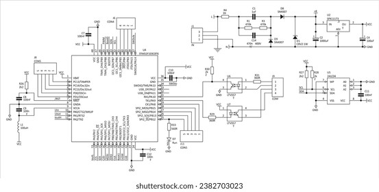 Diagrama esquemático del dispositivo electrónico.
Circuito eléctrico de dibujo técnico vectorial con circuito integrado de plomo,
condensador, resistencia, optoacoplador, microcontrolador chip
y otros componentes electrónicos