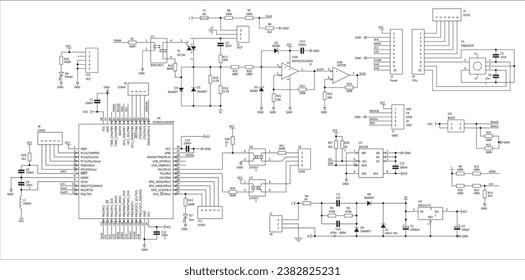 Diagrama esquemático del dispositivo electrónico. Circuito eléctrico de dibujo vectorial con amplificador operativo, cable, circuito integrado, condensador, resistencia, bobina, chip de microcontrolador, optoacoplador, diodo.