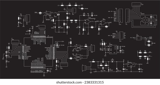 Diagrama esquemático del dispositivo electrónico.
Circuito eléctrico de dibujo de vectores con amplificador operativo, 
cable, circuito integrado, condensador, resistencia, bobina, 
microcontrolador chip, optoacoplador, diodo.