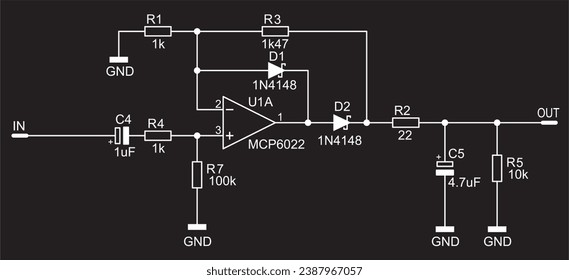 Schematic diagram of electronic device. Vector drawing electrical circuit with operational amplifier, 
resistor, capacitor, diode and other components.