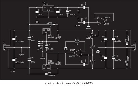 Schematic diagram of electronic device. Vector drawing electrical circuit with operational amplifier, 
resistor, capacitor, diode and other components.
