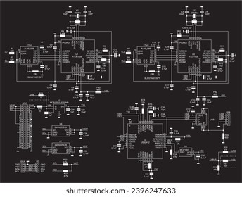 Schematic diagram of electronic device.  Vector drawing electrical circuit with 
integrated circuit, resistor, capacitor, 
fuse, connector, quartz resonator, twisted pair,
usb, i2c and other component