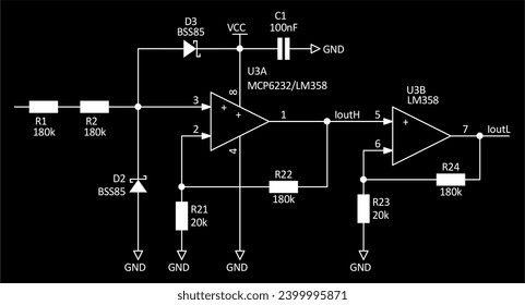 Schematic diagram of electronic device. Vector drawing electrical circuit with operational amplifier, resistor, diode, capacitor and other electronic components.