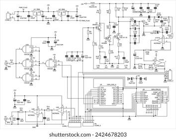 Esquema del dispositivo electrónico. Circuito eléctrico de dibujo vectorial con condensador, diodo,
bobina, resistencia, compuerta lógica, circuito integrado, amplificador de funcionamiento, transistor, conector.