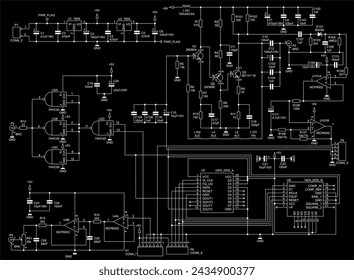 Schematische Darstellung eines elektronischen Bauelements.
Vektor-Zeichnung elektrischer Schaltkreis mit Kondensator, Diode,
Spule, Widerstand, Logikgatter, integrierte Schaltung, 
Operationsverstärker, Transistor,
Stecker. 