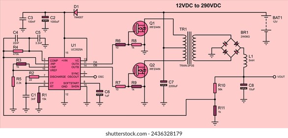 Schematic diagram of electronic device. Vector drawing electrical circuit with resistor, capacitor, 
inductor, battery,
voltage stabilizer, diode bridge, transformer
and other electronic components.