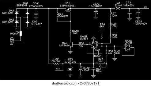 Schematic diagram of electronic device.
Vector drawing electrical circuit with capacitor, diode,
transistor, resistor, coil, operational amplifier
and other electronic components.