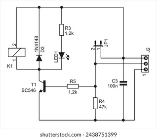 Schematic diagram of electronic device. Vector drawing electrical circuit with resistor, capacitor, 
transistor, diode, led, relay, connector, jumper on white background of paper sheet.