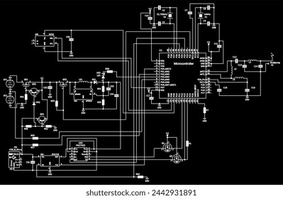 Schematic diagram of electronic device.
Vector drawing electrical circuit with capacitor, led,
resistor, port usb, integrated circuit, 
antenna, transistor, coil,
microcontroller, other components.