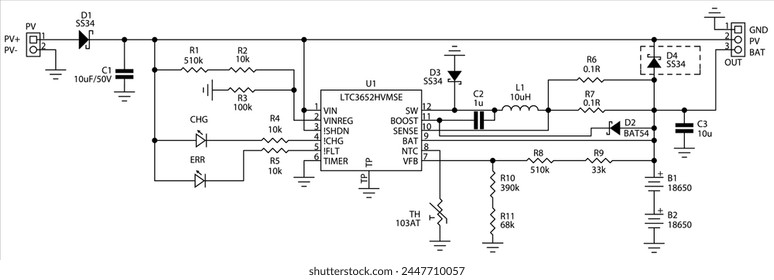 Schematic diagram of electronic device. Vector drawing electrical circuit with 
led, microcontroller, integrated circuit, inductor coil, 
resistor, capacitor, diode
on white background of paper sheet.