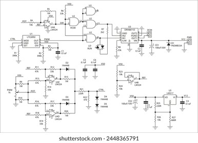 Schematic diagram of electronic device. Vector drawing electrical circuit with 
logic gate, operational amplifier, 
microcontroller, integrated circuit, 
resistor, capacitor, diode on paper sheet.