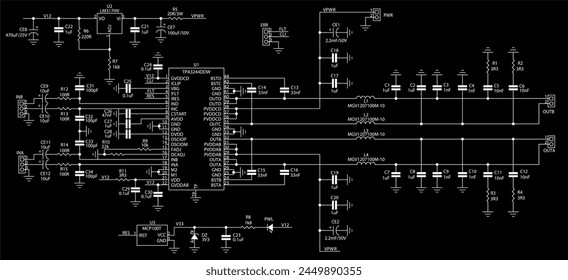 Schematic diagram of electronic device.  Vector drawing electrical circuit with led, microcontroller, integrated circuit, inductor coil, 
resistor, capacitor, diode
on background of paper sheet.