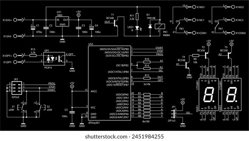 Schematic diagram of electronic device. Vector drawing electrical circuit with led, microcontroller, integrated circuit, button, 
resistor, capacitor, diode, transistor
on background of paper sheet.
