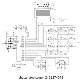 Schematic diagram of electronic device. Vector drawing electrical circuit with 
lcd display, controller, integrated circuit, button, 
resistor, capacitor, led, transistor
on background of paper sheet.