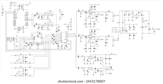 Esquema del dispositivo electrónico. Circuito eléctrico de trazado de Vectores con 
amplificador de funcionamiento,
circuito integrado, diodo, 
resistor, condensador, transistor
sobre fondo blanco de hoja de papel.