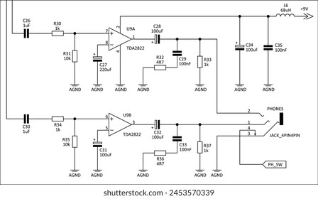 Schematic diagram of electronic device. Vector drawing electrical circuit with 
operational amplifier, phones, inductor coil,
resistor, capacitor, other components 
on white background of paper sheet.