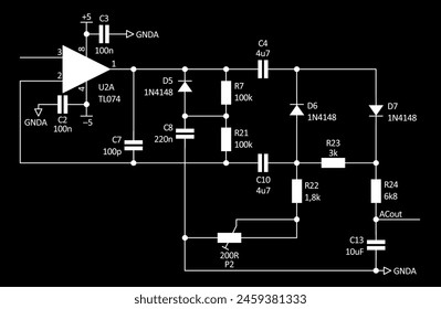 Schematic diagram of electronic device. Vector drawing electrical circuit with 
operational amplifier, resistor, capacitor,
diode, other components 
on background of paper sheet.