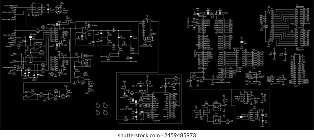 Schematic diagram of electronic device. Vector drawing electrical circuit with 
integrated circuit, microcontroller,
resistor, capacitor, operational amplifier,
other components on paper sheet.