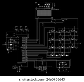 Schematic diagram of electronic device. Vector drawing electrical circuit with 
lcd display, controller, integrated circuit, button, 
resistor, capacitor, led, transistor
on background of paper sheet.