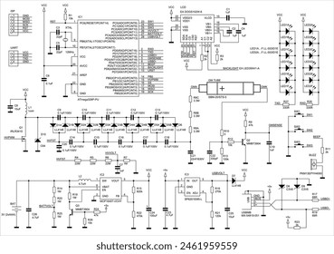 Schematic diagram of electronic device. Vector drawing electrical circuit with 
micro controller, integrated circuit, 
led, diode, usb, transistor, power supply, inductor,
resistor, capacitor.