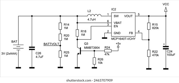 Schematic diagram of electronic device.
Vector drawing electrical circuit with 
integrated circuit, transistor, power supply, inductor,
resistor, capacitor
on white background of paper sheet.