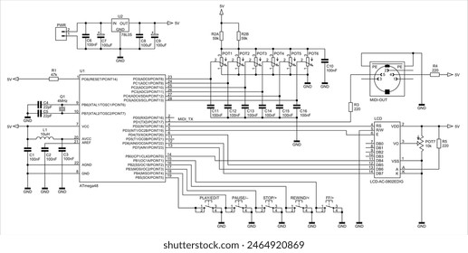 Schematic diagram of electronic device. Vector technical drawing electrical circuit with 
microcontroller, resistor, capacitor,
integrated circuit, connector, inductor coil, other components.