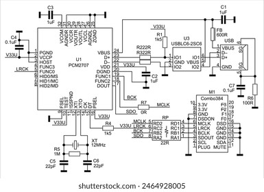 Esquema del dispositivo electrónico. Vector técnico dibujo circuito eléctrico con 
microcontrolador, resistor, condensador,
circuito integrado, usb,
otros componentes 
sobre fondo de hoja de papel.