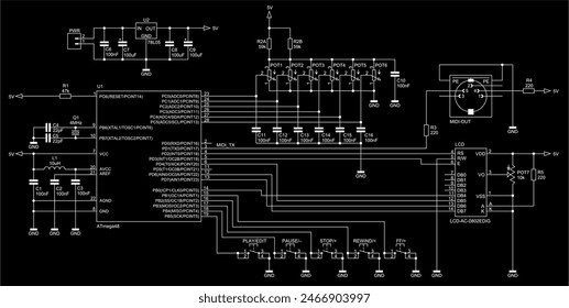 Schematic diagram of electronic device. Vector technical drawing electrical circuit with 
microcontroller, resistor, capacitor,
integrated circuit, connector, inductor coil, other components. 