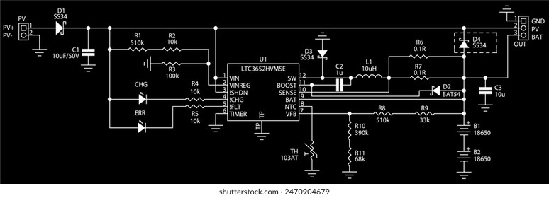 Schematic diagram of electronic device. Vector drawing electrical circuit with 
led, microcontroller, integrated circuit, inductor coil, 
resistor, capacitor, diode
on background of paper sheet.