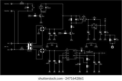 
Schematic diagram of electronic device. Vector drawing electrical circuit with 
integrated circuit, inductor coil, diode bridge, transformer, relay,
resistor, capacitor, transistor, antenna.