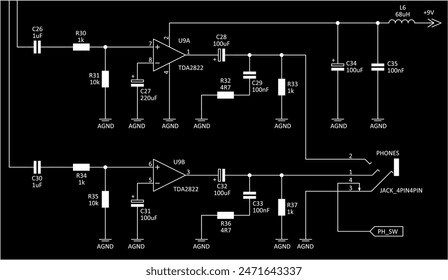 Schematic diagram of electronic device. Vector drawing electrical circuit with 
operational amplifier, phones, inductor coil,
resistor, capacitor, other components 
 on background of paper sheet. 