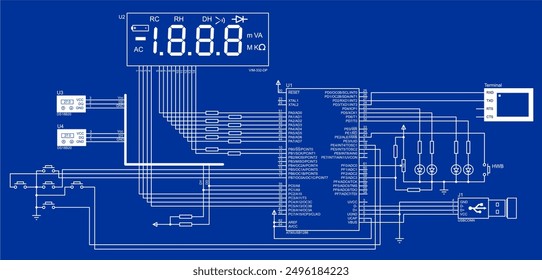 Schematic diagram of electronic device. Vector drawing electrical circuit with microcontroller, temperature sensors,
led panel, keyboard, terminal, usb,
button, resistor, other electronic components.