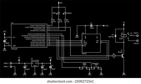 Schematic diagram of electronic device. Vector drawing electrical circuit with
integrated circuit, resistor, capacitor, diode, microcontroller,
transistor, voltage stabilizer, led indicator, other.