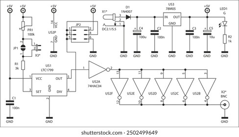 Schematic diagram of electronic device. Vector drawing electrical circuit with 
integrated circuit, logic gate, diode, connector, 
capacitor, resistor, led, antenna,
gnd, other components.