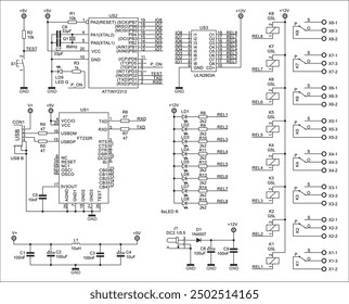 Schematic diagram of electronic device. Vector drawing electrical circuit with 
integrated circuit, diode, connector, 
capacitor, resistor, led, inductor coil, relay,
microcontroller, other components