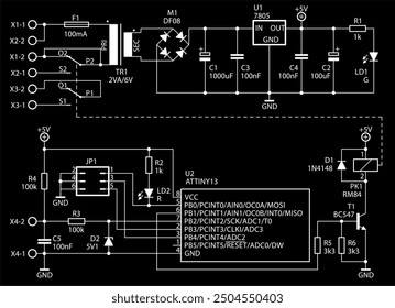 Schematic diagram of electronic device.
Vector drawing electrical circuit with 
integrated circuit, transformer, diode, connector, 
capacitor, resistor, transistor, led,
microcontroller, other compone