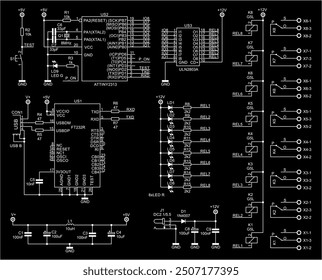 Schematic diagram of electronic device.
Vector drawing electrical circuit with 
integrated circuit, diode, connector, 
capacitor, resistor, led, inductor coil, relay,
microcontroller, other components