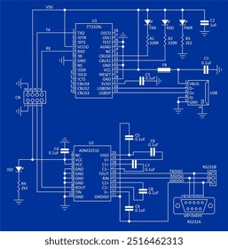 Diagrama esquemático do dispositivo eletrônico. Circuito elétrico de desenho vetorial com condensador, led,
resistor, porta usb, circuito integrado, conector,
microcontrolador, outros componentes eletrônicos.