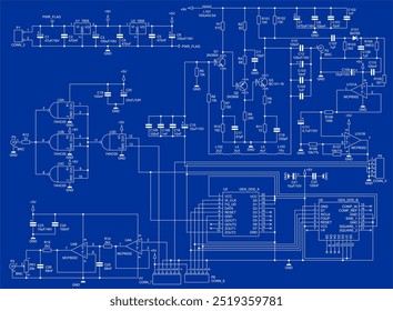 Schematic diagram of electronic device. Vector drawing electrical circuit with capacitor, diode,
coil, resistor, logic gate, integrated circuit, 
operational amplifier, transistor,
connector. 