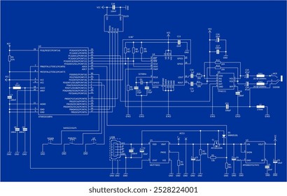 Schematic diagram of electronic device. Vector drawing electrical circuit with 
integrated circuit, usb, microcontroller,
resistor, capacitor, other components 
on background of paper sheet.