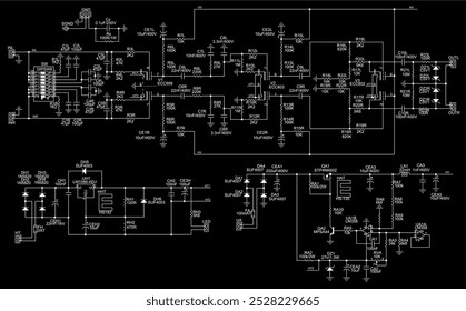 Diagrama esquemático del dispositivo electrónico.
Vector técnico de la computadora que dibuja el circuito eléctrico con 
condensador, diodo,
transistor, resistencia, bobina, amplificador operativo
y otros componentes electrónicos.