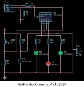 Schematic diagram of electronic device.
Vector drawing electrical circuit with diode, 
button, resistor, led, socket
and other electronic components.
Engineering computer technic cad design.