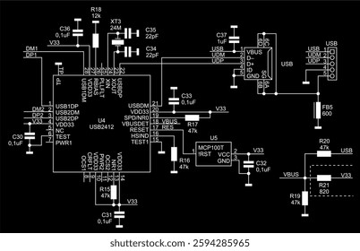 Schematic diagram of electronic device. 
Vector drawing electrical circuit with 
integrated circuit, resistor, capacitor, 
fuse, connector, quartz resonator, usb interface
 and other components.