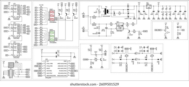 Schematic diagram of electronic device.
Vector drawing electrical circuit with 
lcd display, controller, integrated circuit, button, 
resistor, capacitor, led, transistor, transformer on paper sheet.